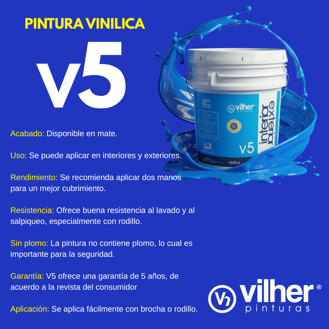 Pintura Vilher V5 Vinílica Acrílica 19 Litros 5 Años Interior y Exterior