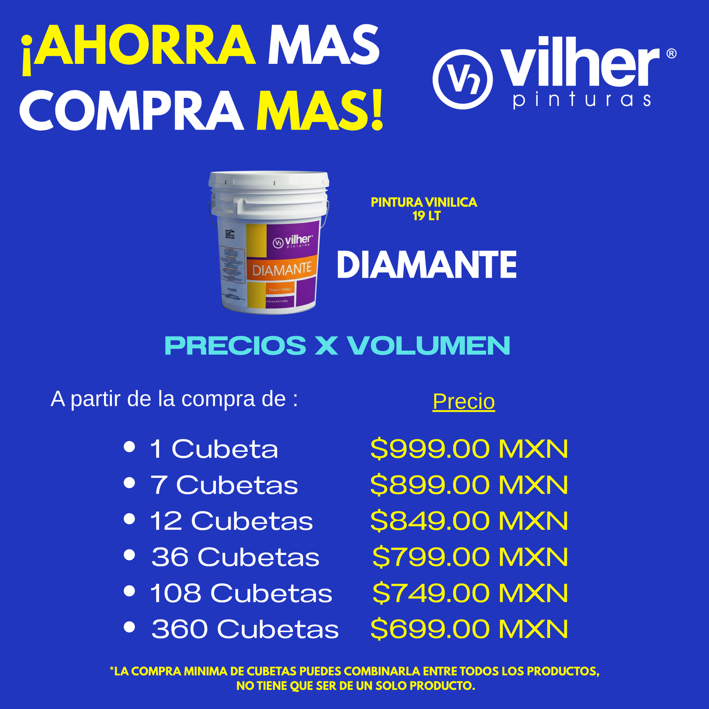 Pintura Vilher Vinílica Acrílica Diamante 19 Litros 3 Años Interior y Exterior