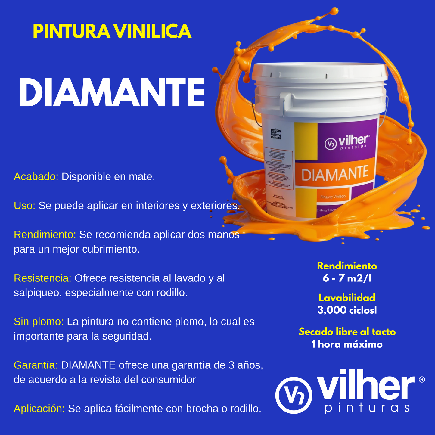 Pintura Vilher Vinílica Acrílica Diamante 19 Litros 3 Años Interior y Exterior