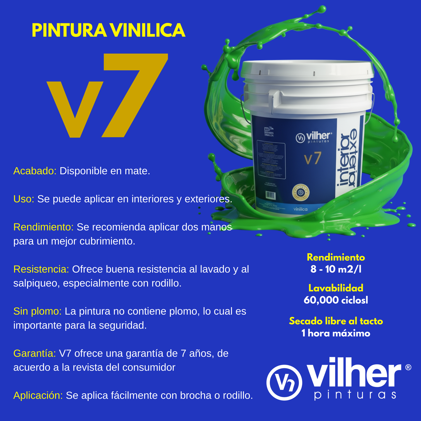 Pintura Vilher V7 Vinílica Acrílica 19 Litros 7 Años Interior y Exterior